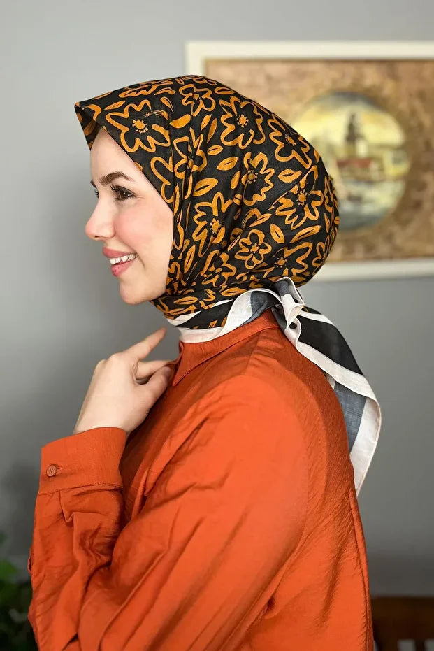 Pamuklu Eşarp - Düz Çiçek Desenli Siyah, Turuncu 0008