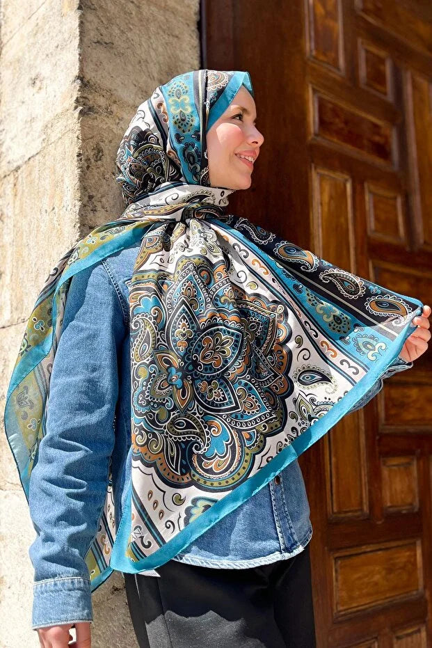 Fresh Cotton Shawl - Orient Express Model Turkuaz, Petrol Yeşili, Yumuşak Turuncu 0018