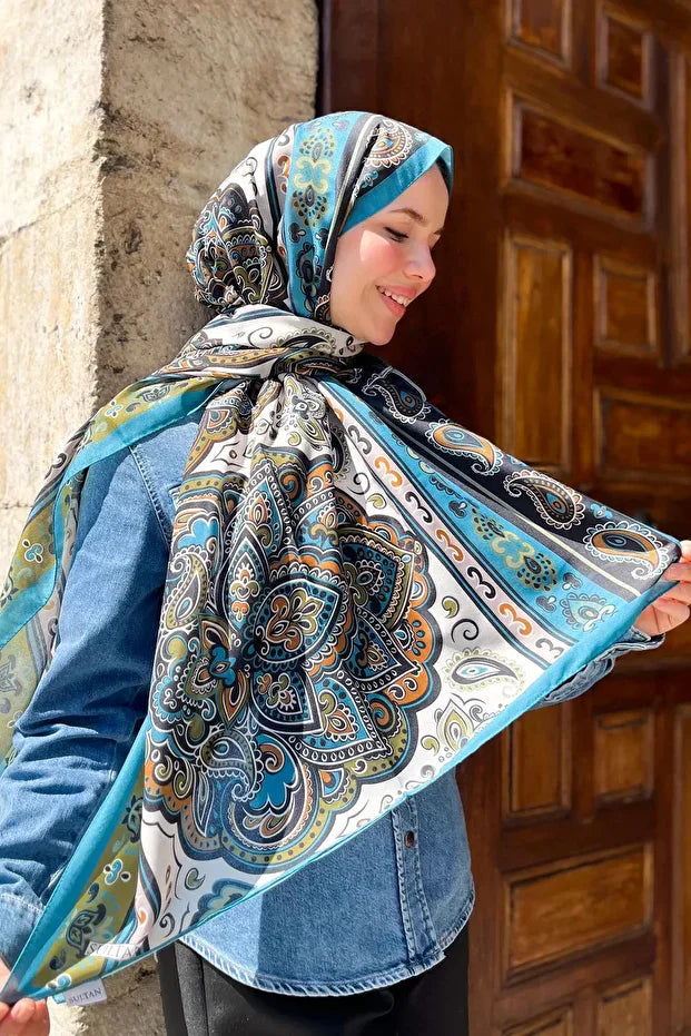 Fresh Cotton Shawl - Orient Express Model Turkuaz, Petrol Yeşili, Yumuşak Turuncu 0018