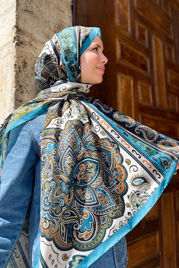 Fresh Cotton Shawl - Orient Express Model Turkuaz, Petrol Yeşili, Yumuşak Turuncu 0018