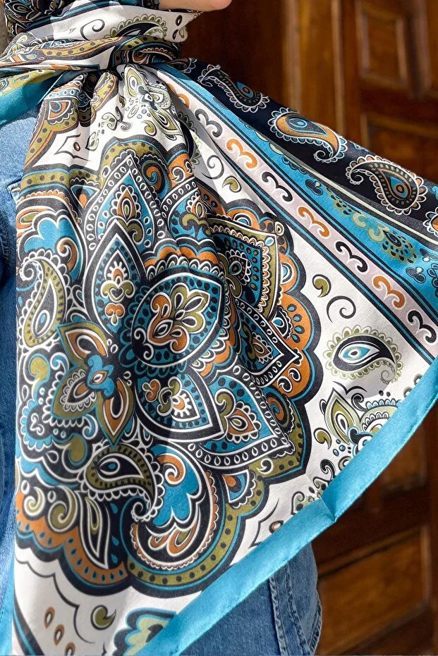 Fresh Cotton Shawl - Orient Express Model Turkuaz, Petrol Yeşili, Yumuşak Turuncu 0018
