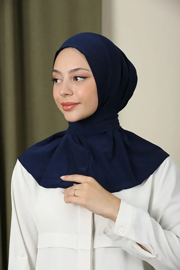 Women's Snap Fastener Hijap Bonnet Ready-made Hijab Shawl Navy Blue 65