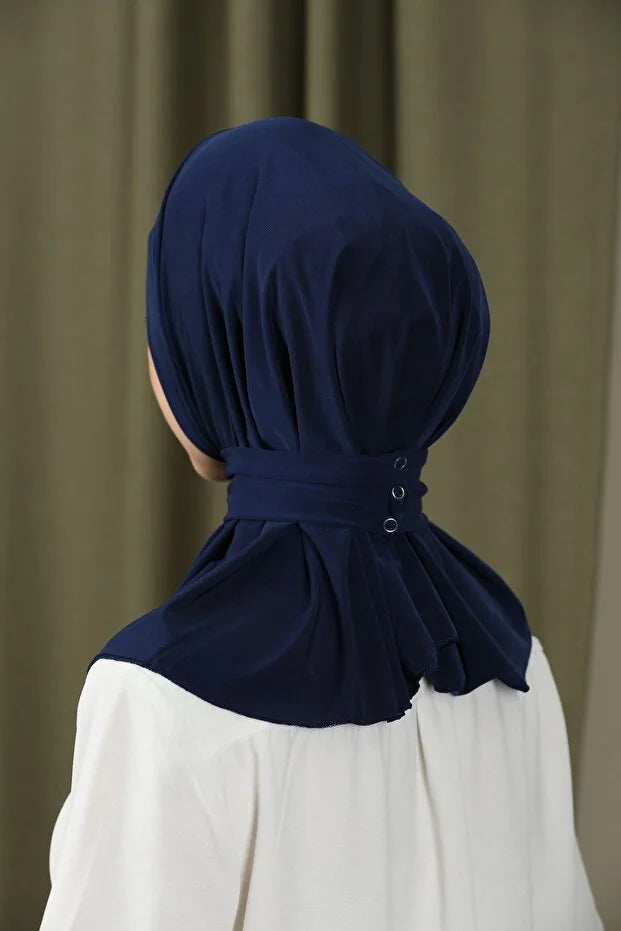 Women's Snap Fastener Hijap Bonnet Ready-made Hijab Shawl Navy Blue 65