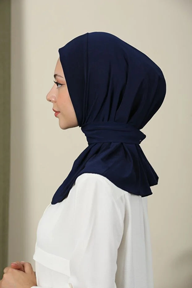 Women's Snap Fastener Hijap Bonnet Ready-made Hijab Shawl Navy Blue 65