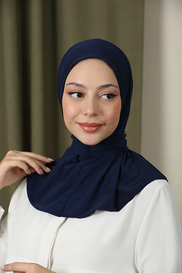 Women's Snap Fastener Hijap Bonnet Ready-made Hijab Shawl Navy Blue 65