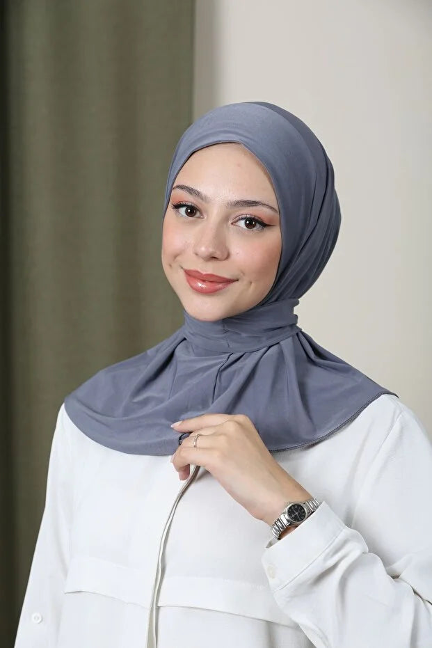 Women's Snap Fastener Hijap Bonnet Ready-made Hijab Shawl Gray 69
