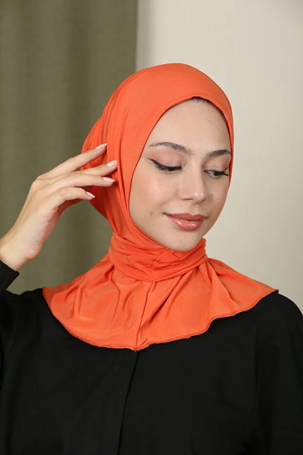 Women's Snap Fastener Hijab Bonnet Ready-made Hijab Shawl Orange 75