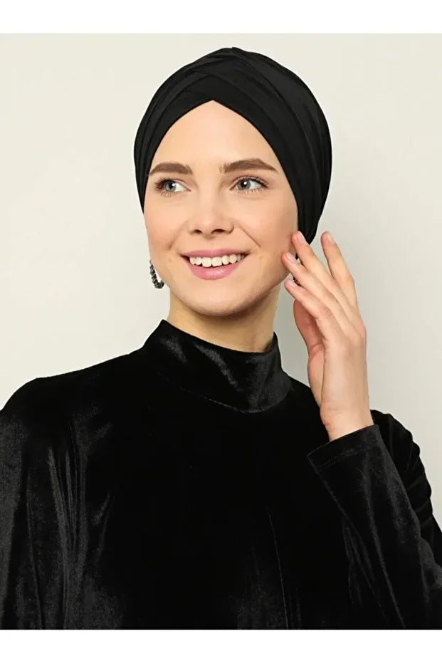 Crossed Three-Striped Sea Bonnet Ready-made Hijab Hijab Bonnet Black 80