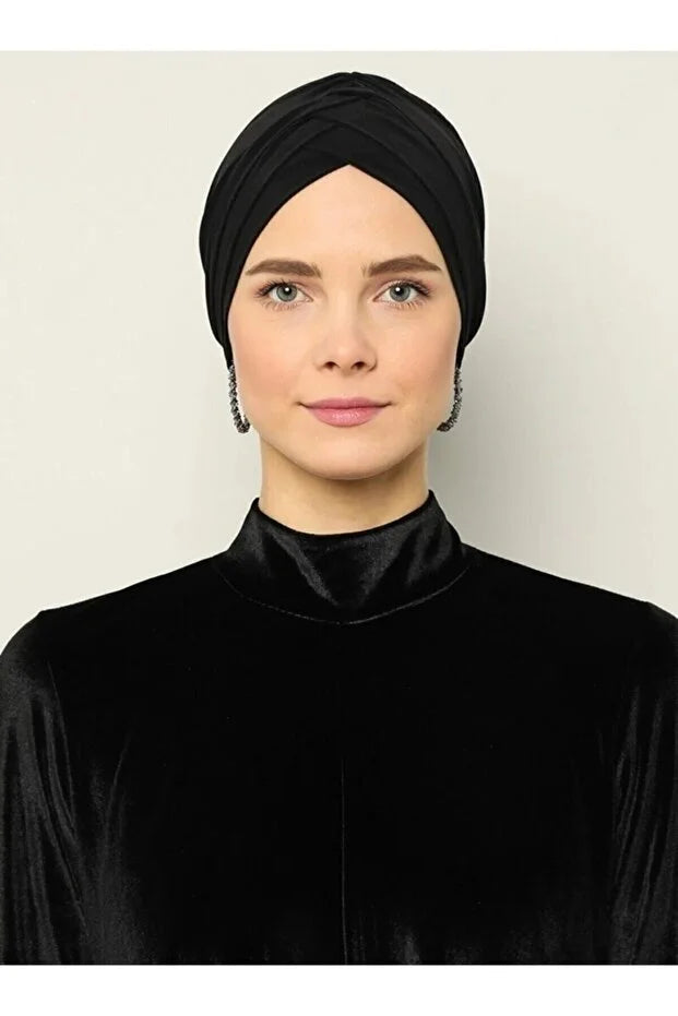 Crossed Three-Striped Sea Bonnet Ready-made Hijab Hijab Bonnet Black 80