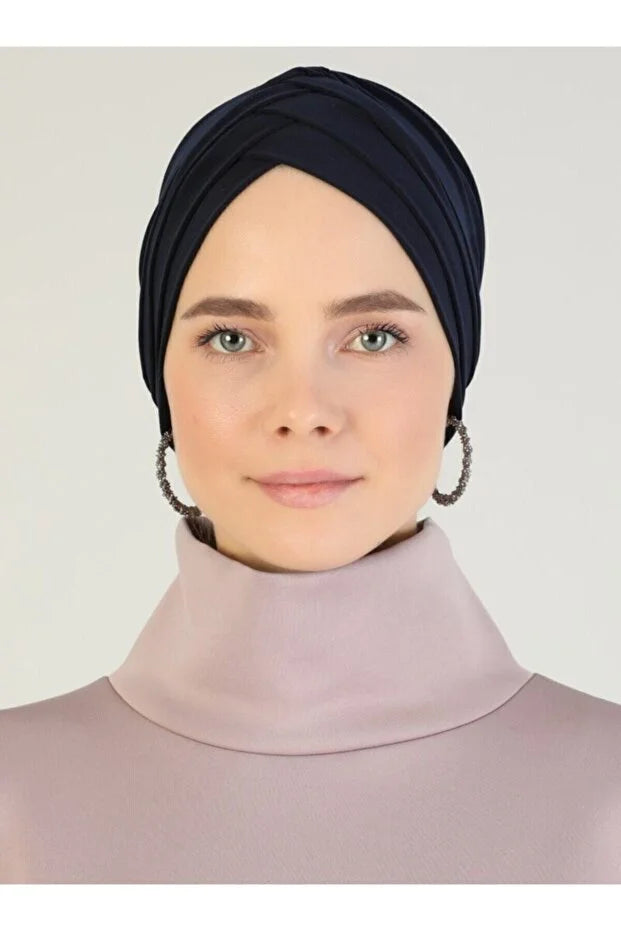Cross Three-Striped Ready-Made Turban - Navy Blue  82