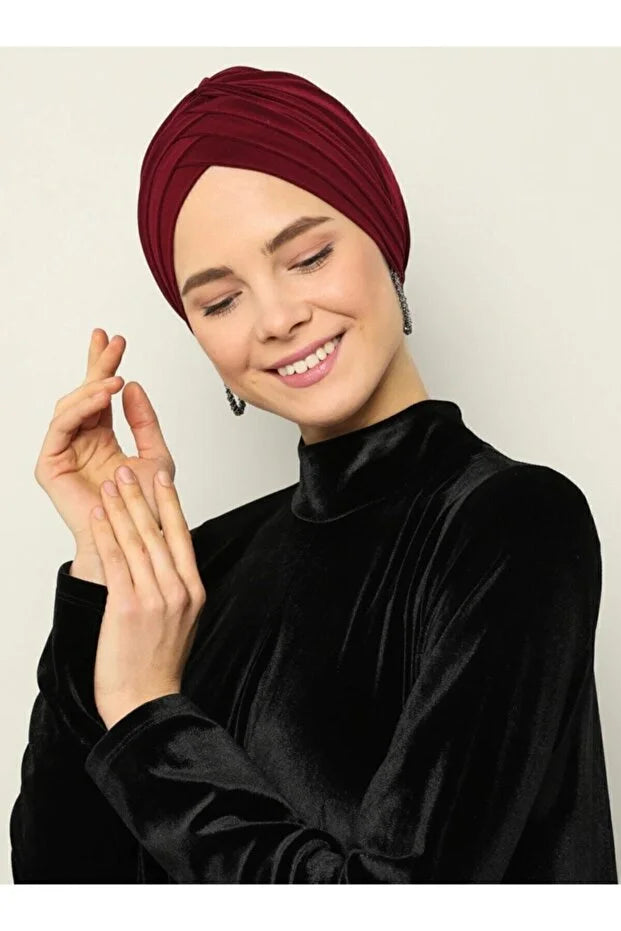 Crossed Three-Striped Ready-Made Turban - Claret Red 84