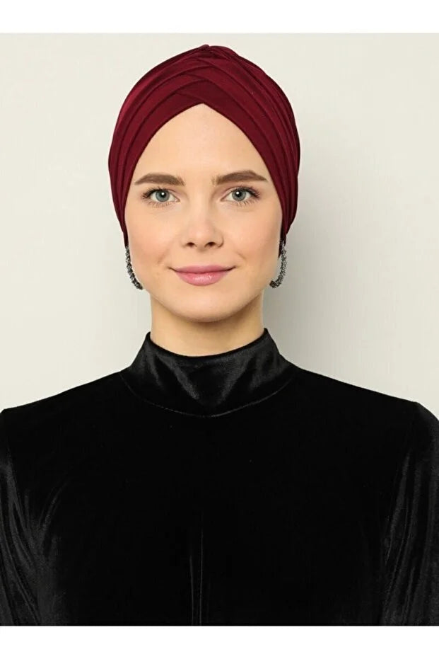Crossed Three-Striped Ready-Made Turban - Claret Red 84